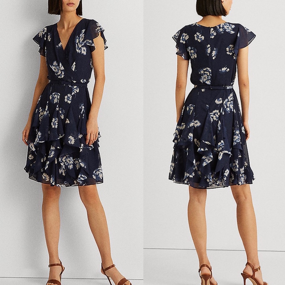 Lauren Ralph Lauren Flutter Sleeve ruffle  Dress size 10 or 14 navy multi - Picture 3 of 7